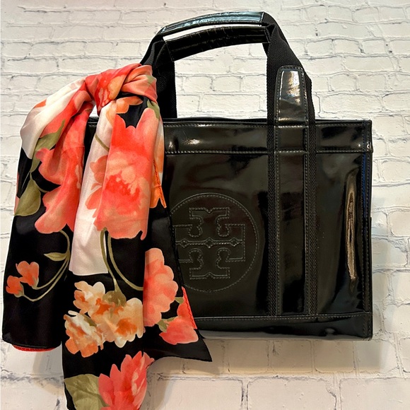Tory Burch Handbags - Tory Burch Black Patent Leather Logo Tote - EUC.